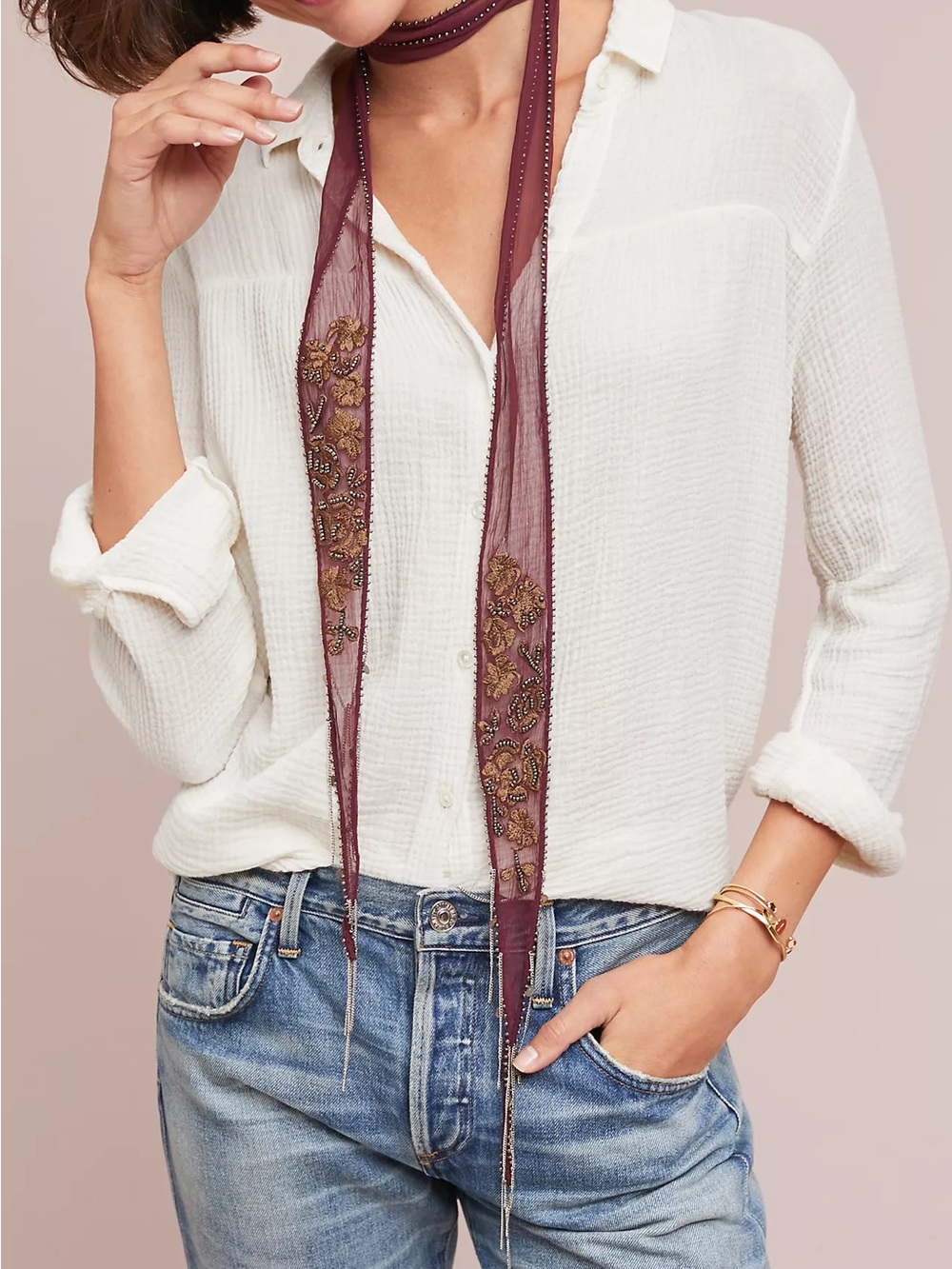 Chan Luu Burgundy Sheer Embroidered Scarf Necklace